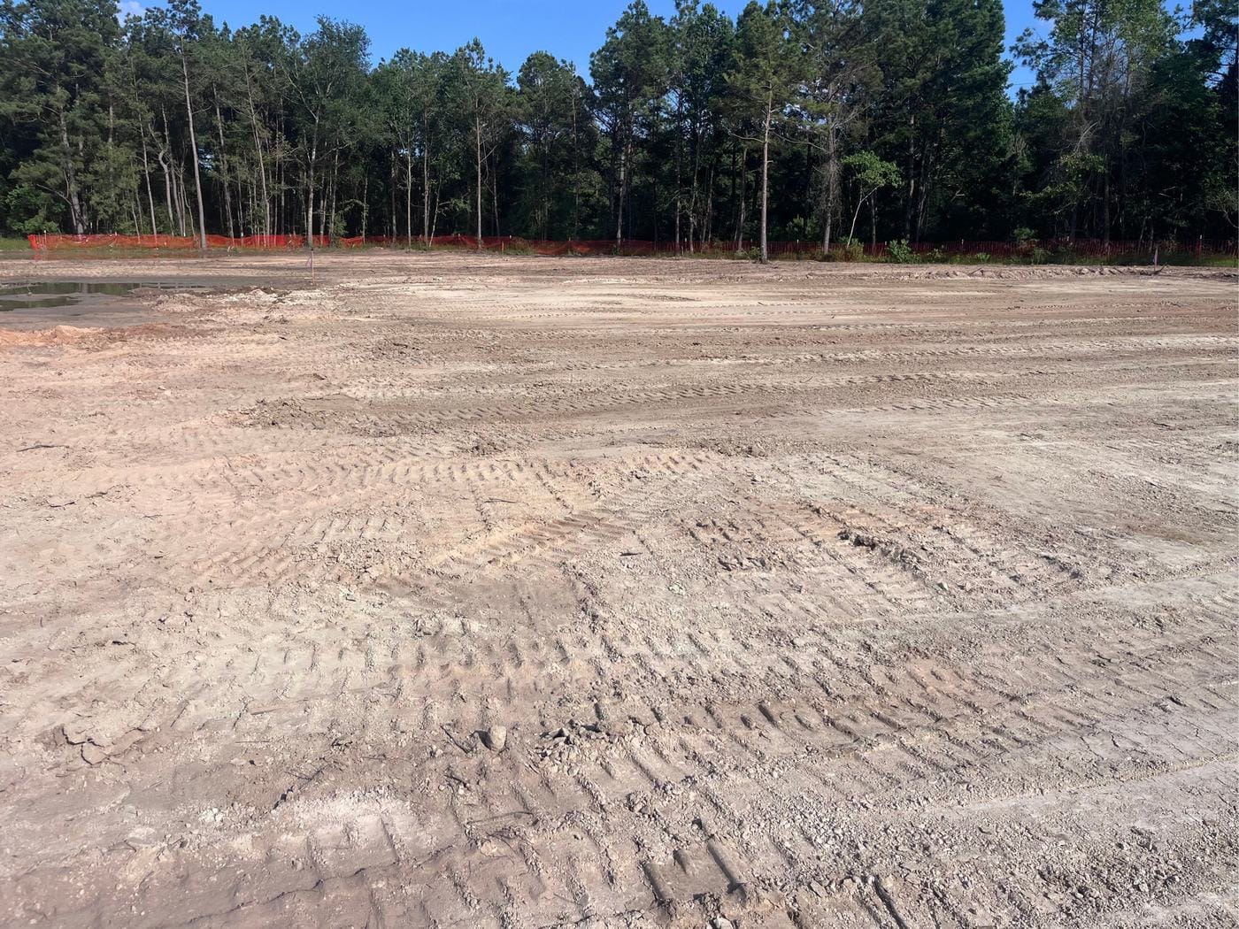 A graded pad cut out of the pine woods.